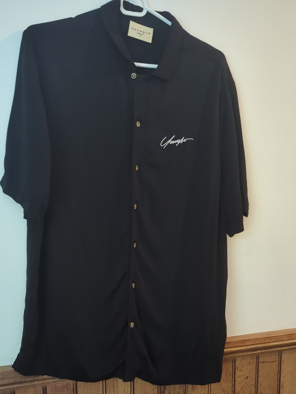 YoungLA Black Short Sleeve Button-Down Shirt with Script Logo Size Small